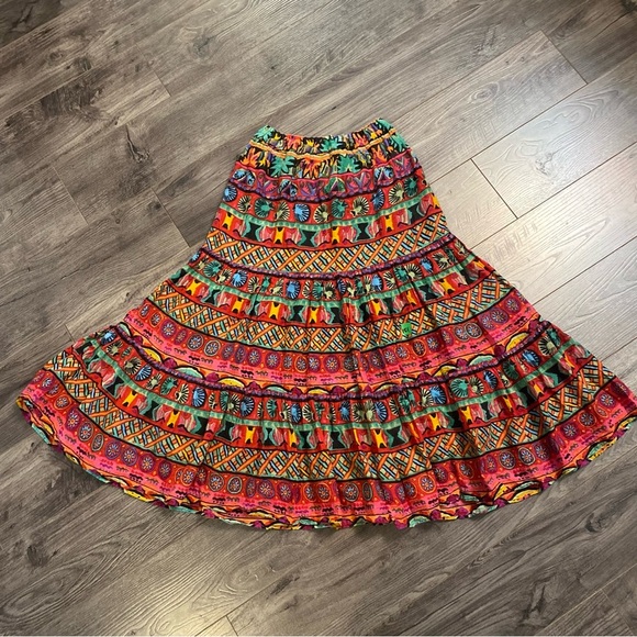 Vintage Jupe Indian maxi Skirt gauze cotton lining full circle tiered flowy - Picture 2 of 16